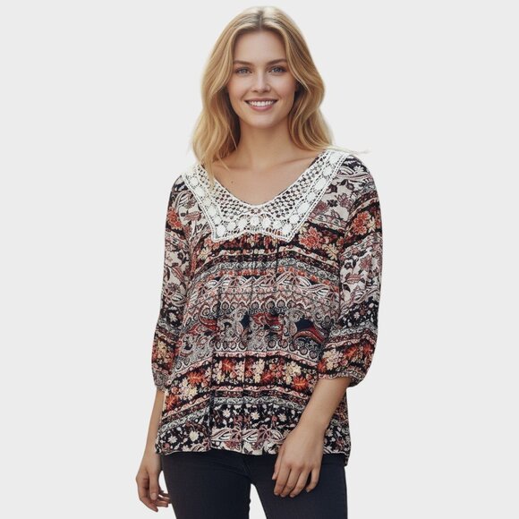 Unity World Wear Boho Top Womens XL Beige Crochet Neckline Flowy Cottagecore - Picture 1 of 15